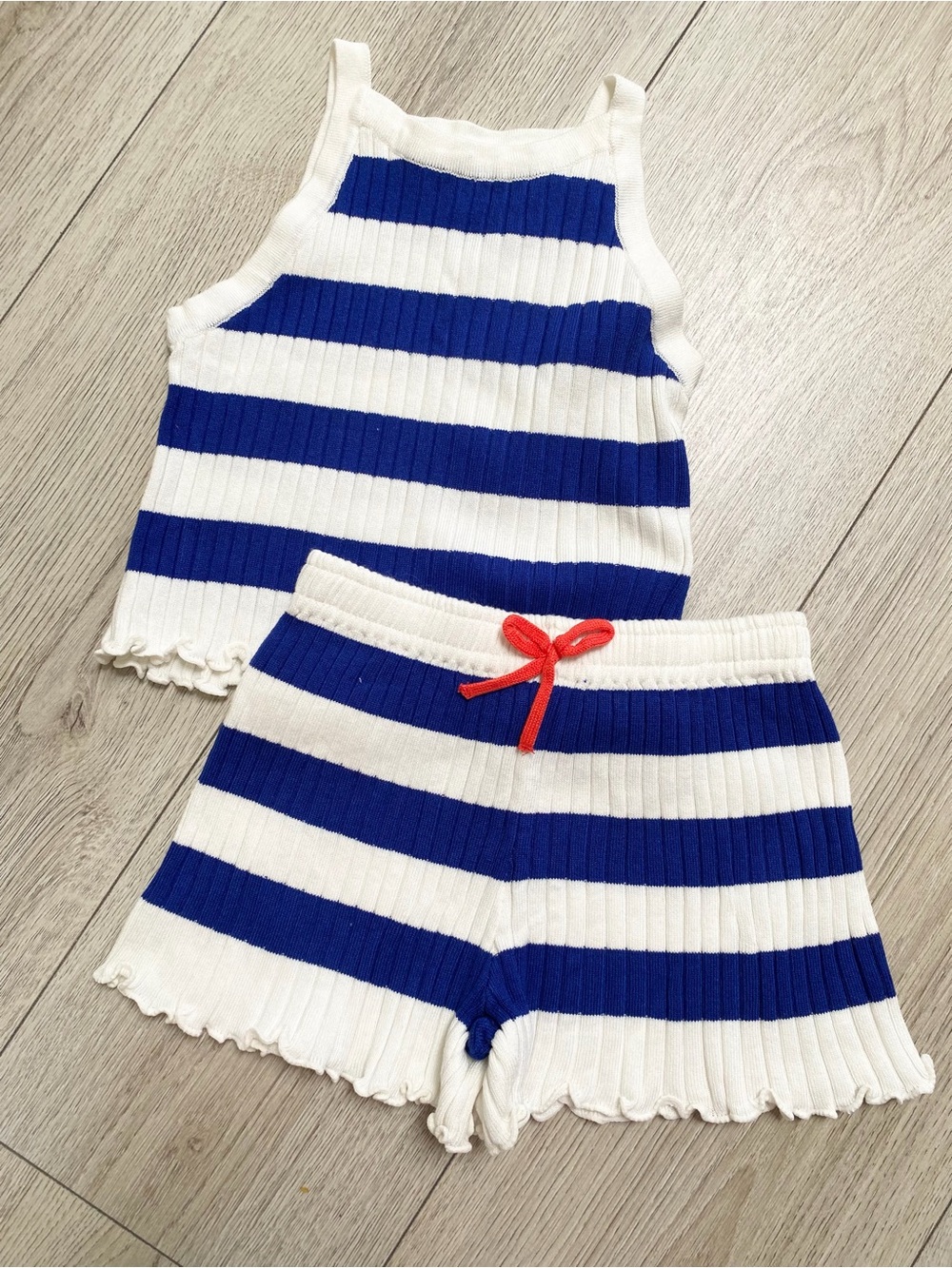H&M Blue, White & Red Striped Ribbed Tank and Shorts Set